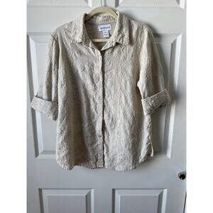 Peck & Peck Linen Embroidered Button Down Shirt Tan Floral Womens Size L Coastal